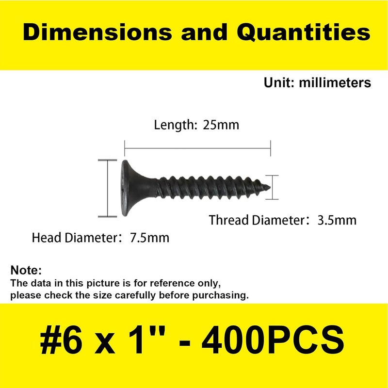 LERNOU 400 pcs Wood Screws, Drywall Screws, Cabinet Screws, Coarse Tooth Drywall Screws, Phillips Flat Head Self-Tapping Screws for Various Woodworking Repairs and DIY Projects #6 x 1''(25 mm) - Image 2